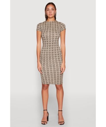 Greek Key Print Short Sleeve Dress