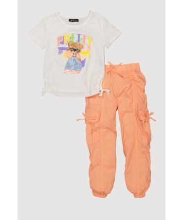 Little Girls Pretty Bear Graphic Tee and Cargo Joggers