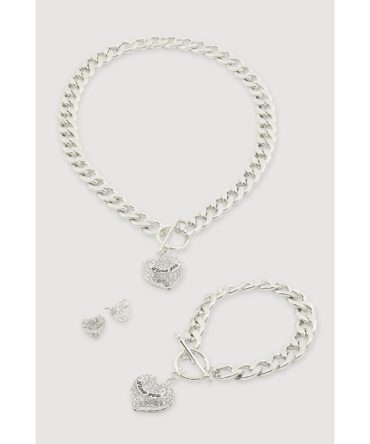 Rhinestone Heart Charm Necklace and Bracelet with Stud Earrings