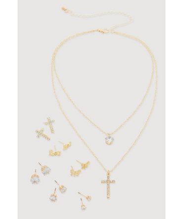 Rhinestone Layered Cross Necklace with Stud Earrings