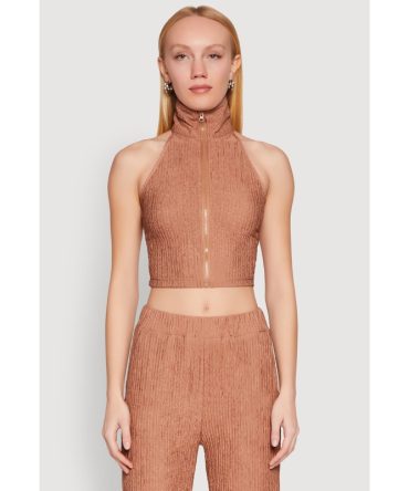 Textured Knit Zip Neck Crop Top
