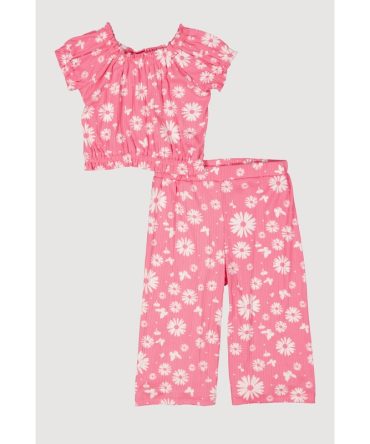 Toddler Girls Ribbed Knit Floral Top and Wide Leg Pants