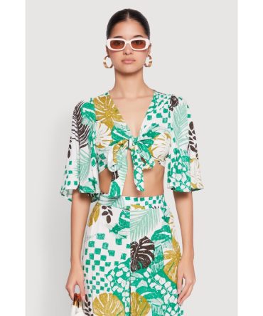 Tropical Print Quarter Sleeve Tie Front Top