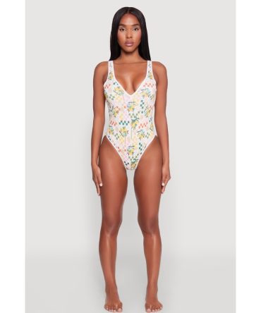 Citrus Checkered Print One Piece Swimsuit