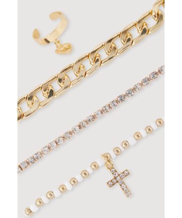 Cubic Zirconia Cross Chain Anklet Trio with Toe Ring