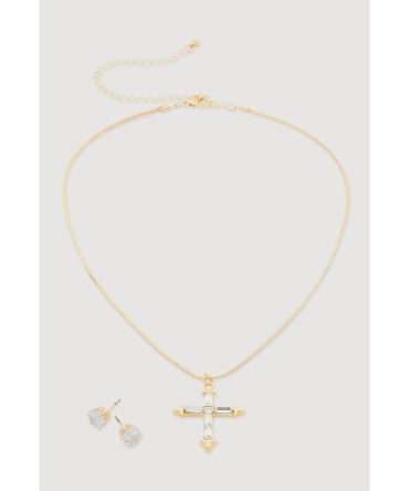 Cubic Zirconia Cross Charm Necklace with Stud Earrings