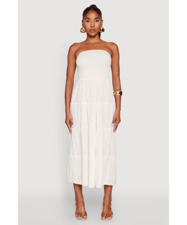 Linen Strapless Smocked Tiered Dress