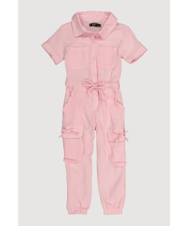 Little Girls Gauze Knit Cargo Pocket Jumpsuit