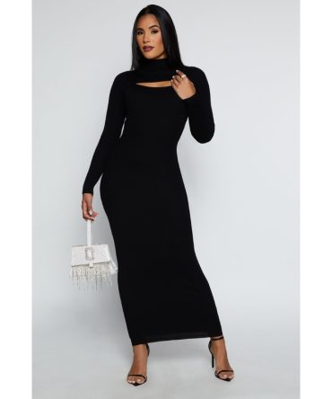 Ribbed Knit Cut Out Long Sleeve Maxi Dress