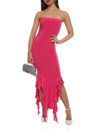 Ruffle Trim Hem Slit Tube Maxi Dress