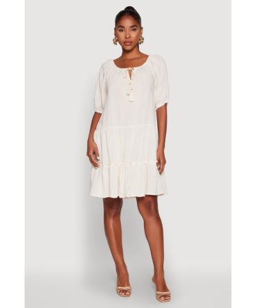 Tassel Tie Front Tiered Peasant Dress