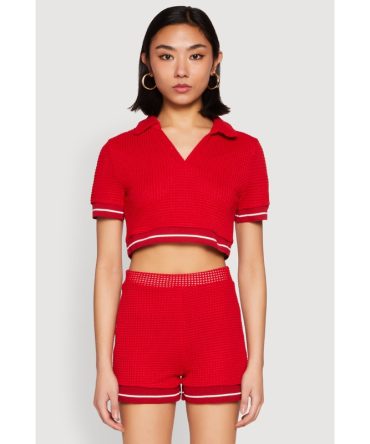 Textured Knit Polo Crop Top