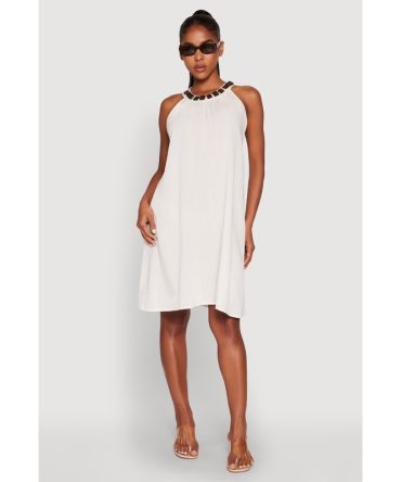 Wood Trim Detail Linen Shift Dress