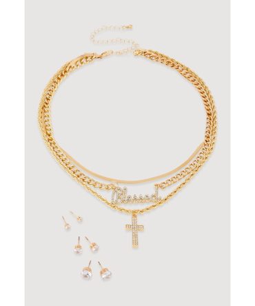 Blessed Cross Layered Necklace with Stud Earring Trio Set