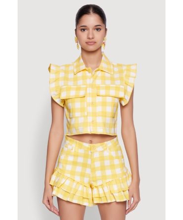 Buffalo Plaid Ruffle Sleeve Cropped Shirt