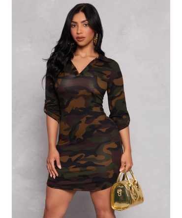 Camo Soft Knit Collared Shirt Dress