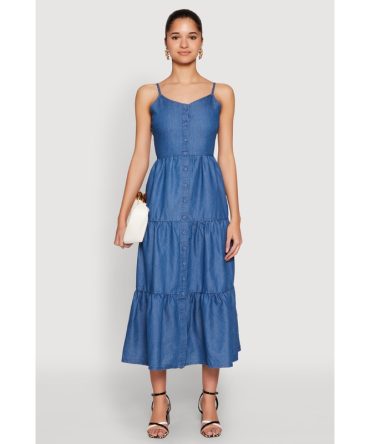 Chambray Sleeveless Button Front Tiered Dress