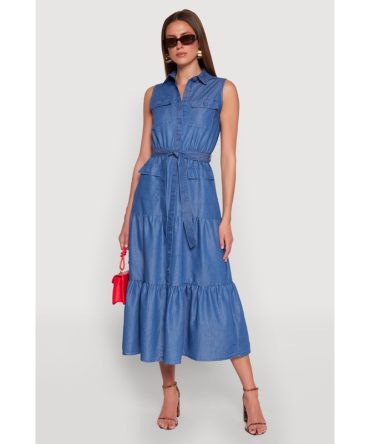 Chambray Sleeveless Tiered Shirt Dress