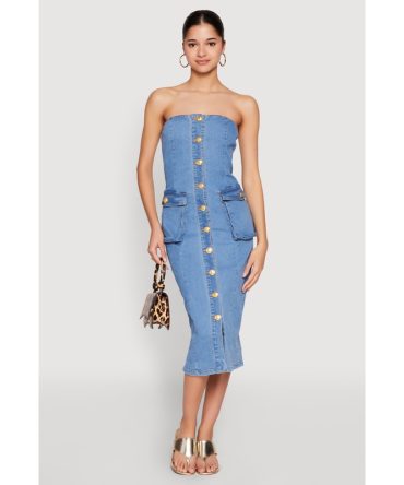 Daisy Button Front Strapless Denim Dress