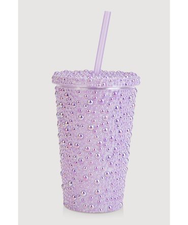 Faux Pearl Studded Tumbler with Straw