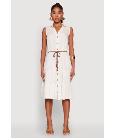 Linen Button Front Tiered Shirt Dress