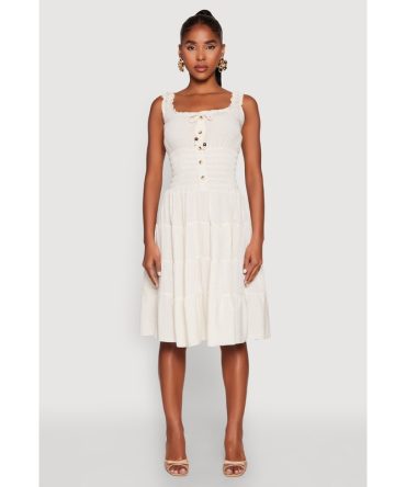 Linen Faux Button Smocked Tiered Dress