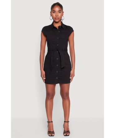 Twill Button Front Belted Shirt Dress