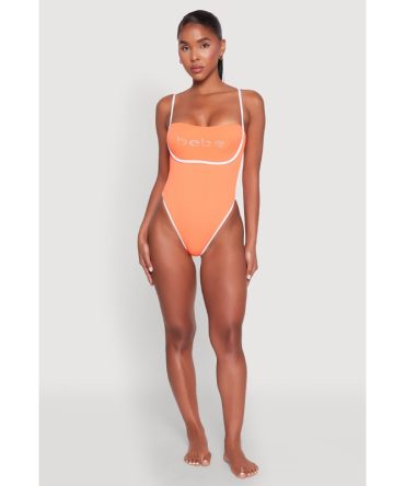 Bebe Rhinestone Tie Back One Piece Swimsuit