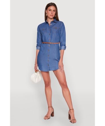 Chambray Tabbed Sleeve Belted Dress