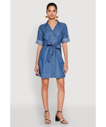 Chambray Tie Waist Belted Shirt Dress