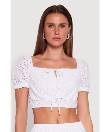 Chic Eyelet Puff Sleeve Crop Top