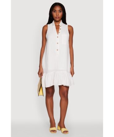 Chic Gauze Knit Button Front Peplum Hem Dress