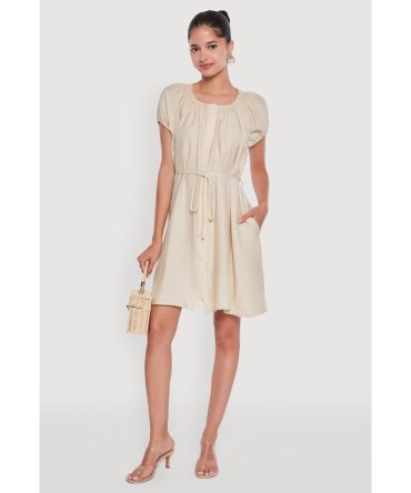 Chic Linen Peasant Dress with Pockets and Tie Waist Belt