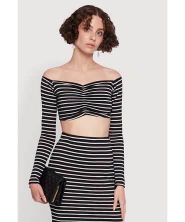 Chic Striped Off Shoulder Long Sleeve Top with Ruching and Cropped Hem