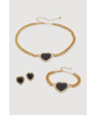 Cubic Zirconia Heart Charm Necklace and Bracelet with Stud Earrings