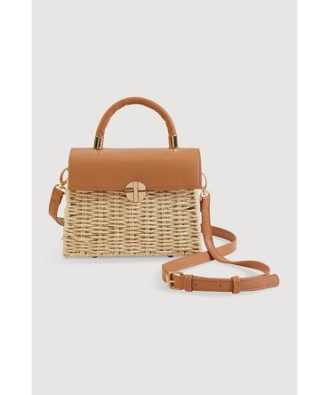 Faux Leather Detail Straw Convertible Handbag