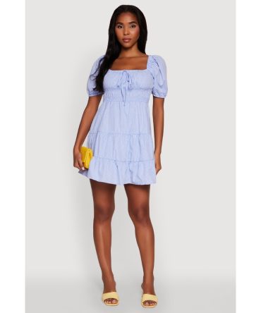 Gingham Puff Sleeve Square Neck Tiered Peasant Dress