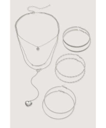 Heart Charm Layered Necklace and Hoop Earring Trio Set