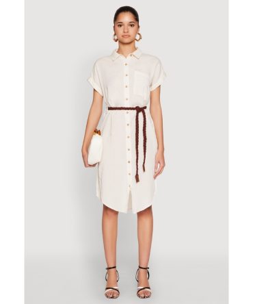 Linen Cap Sleeve Button Front Shirt Dress