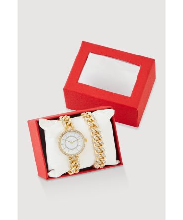 Rhinestone Studded Watch and Chain Bracelet Set
