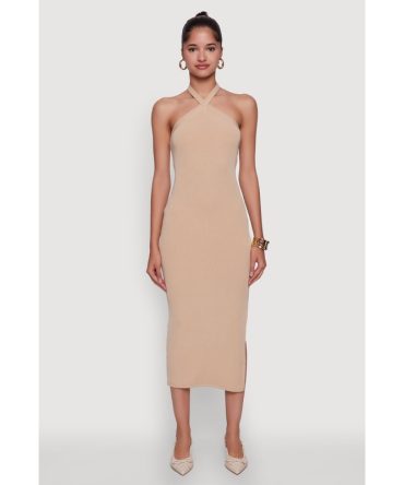 Ribbed Knit Bodycon Halter Dress with Side Slit