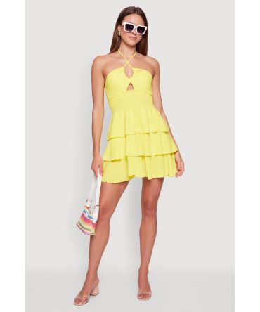 Spoon Jeans Ruffle Tiered Smocked Halter Dress