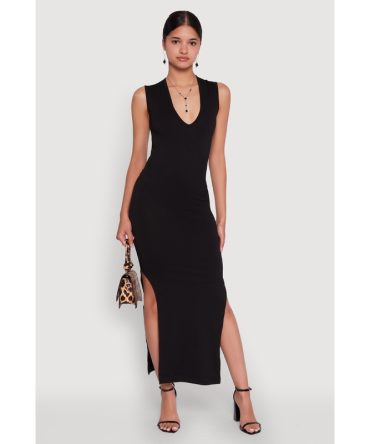 Trendy Rib Knit Plunge Neck Side Slit Maxi Dress