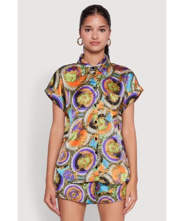 Trendy Status Print Short Sleeve Button Front Shirt