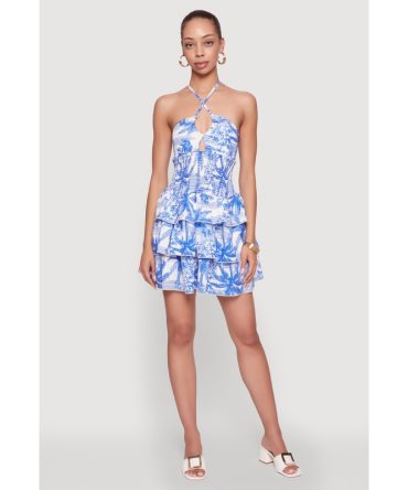 Tropical Toile Print Ruffle Tiered Halter Dress
