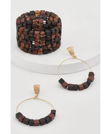 Wooden Stretch Bracelet and Drop Hoop Earrings Set