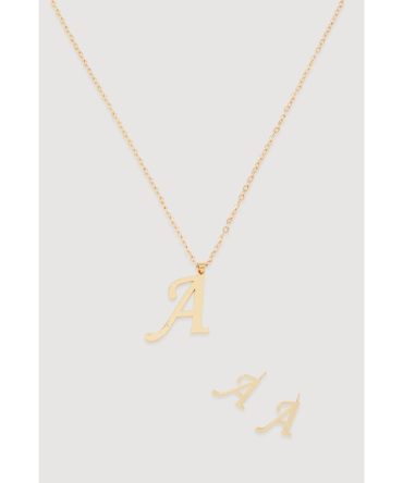 A Initial Necklace and Stud Earrings Set