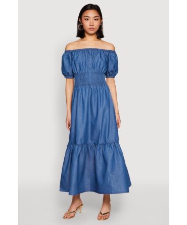 Chambray Smocked Off The Shoulder Maxi Dress