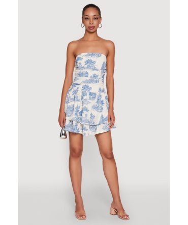 Chic Toile de Jouy Print Smocked Back Peplum Dress