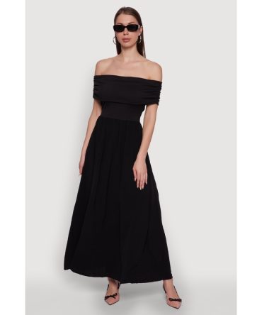 Elegant Crepe Knit Ruched Off The Shoulder Sundress